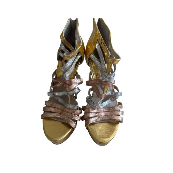 MICHAEL KORS Metallic Rose Gold Silver Leather Platform Sandals Heels Size 7.5 - Picture 9 of 11